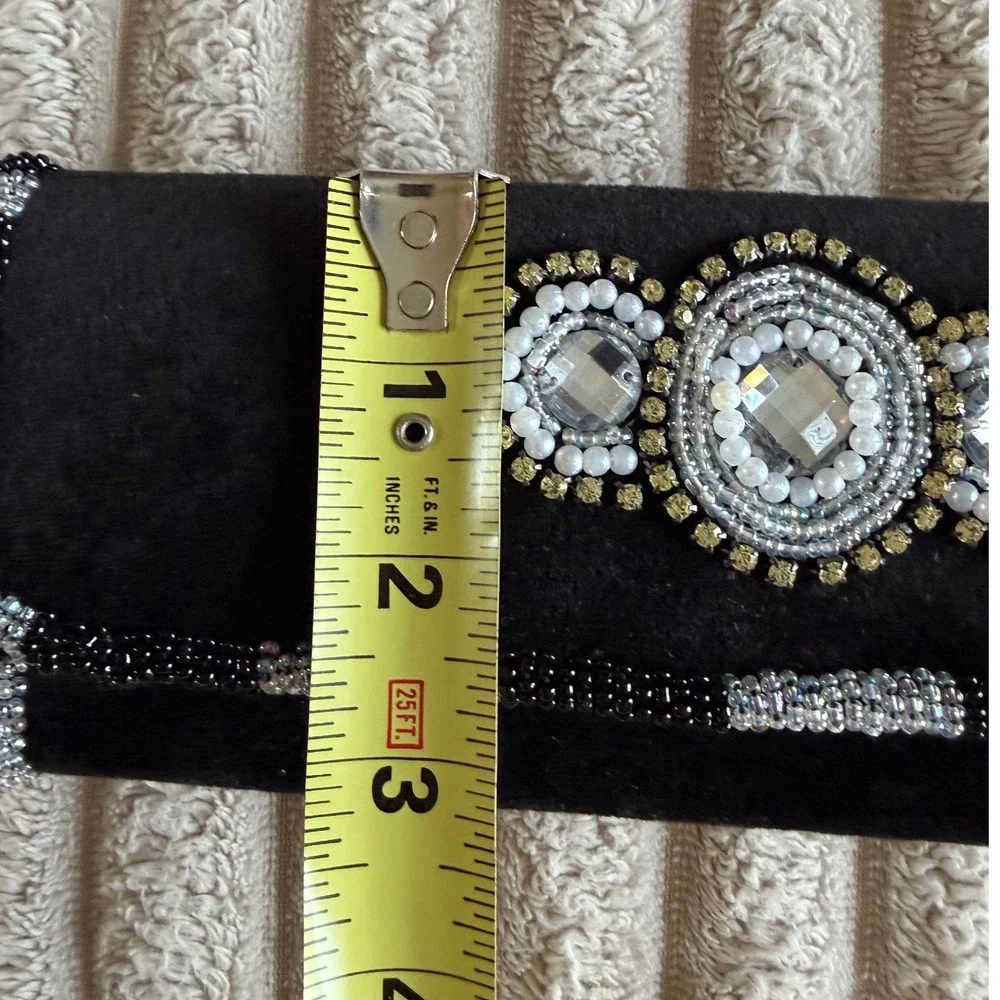 Vintage Black Velvet Beaded‎ Clutch Rhinestone Medallion Evening Bag Baguette
